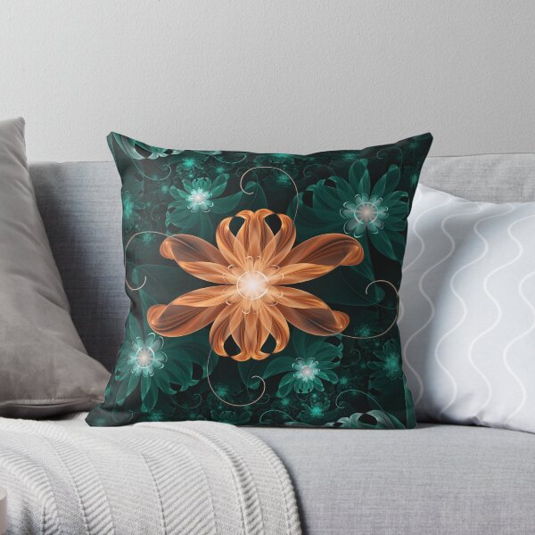 Alluring Turquoise and Orange Fractal Tiger Lily Throw Pillow