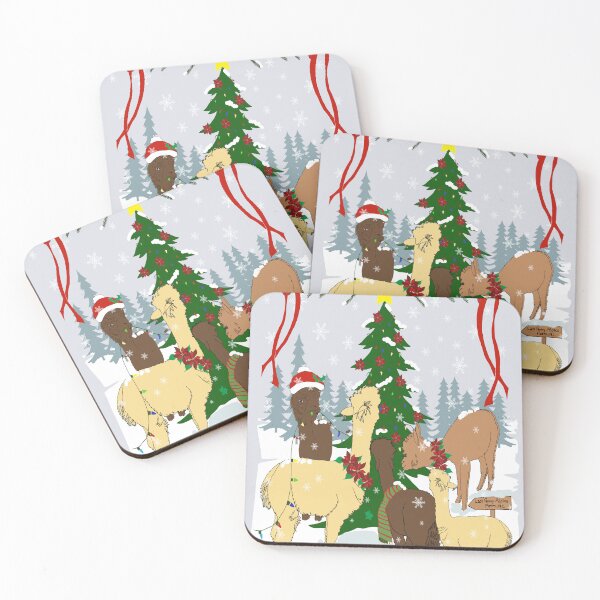 Item preview, Alpacas, framed by red bows, in the snow near a Christmas tree designed and sold by Artdustdesigns.