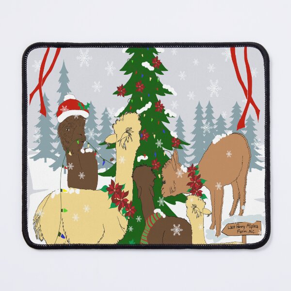 Item preview, Alpacas, framed by red bows, in the snow near a Christmas tree designed and sold by Artdustdesigns.