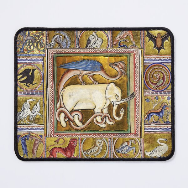 Item preview, MEDIEVAL BESTIARY ,WHITE ELEPHANT COMBATTING SNAKE DRAGON FANTASTIC ANIMALS IN GOLD RED BLUE COLORS designed and sold by BulganLumini.