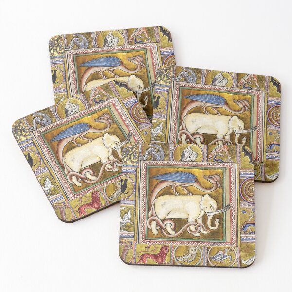 Item preview, MEDIEVAL BESTIARY ,WHITE ELEPHANT COMBATTING SNAKE DRAGON FANTASTIC ANIMALS IN GOLD RED BLUE COLORS designed and sold by BulganLumini.