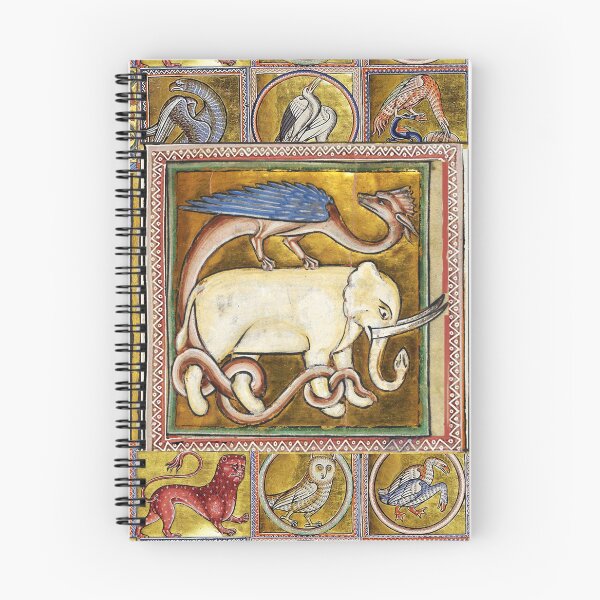 Item preview, MEDIEVAL BESTIARY ,WHITE ELEPHANT COMBATTING SNAKE DRAGON FANTASTIC ANIMALS IN GOLD RED BLUE COLORS designed and sold by BulganLumini.
