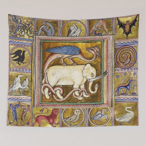 Item preview, MEDIEVAL BESTIARY ,WHITE ELEPHANT COMBATTING SNAKE DRAGON FANTASTIC ANIMALS IN GOLD RED BLUE COLORS designed and sold by BulganLumini.