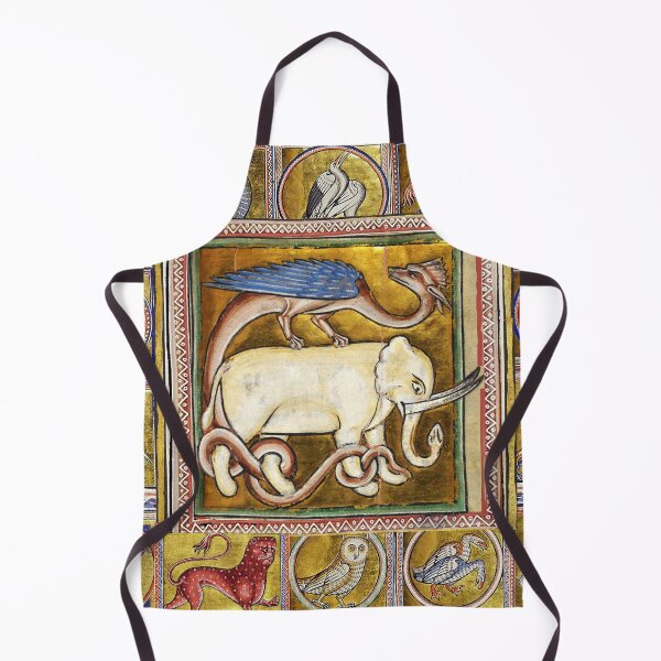 Item preview, MEDIEVAL BESTIARY ,WHITE ELEPHANT COMBATTING SNAKE DRAGON FANTASTIC ANIMALS IN GOLD RED BLUE COLORS designed and sold by BulganLumini.