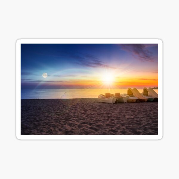calm sunset at sea beach with boats Sticker