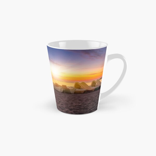 calm sunset at sea beach with boats Tall Mug