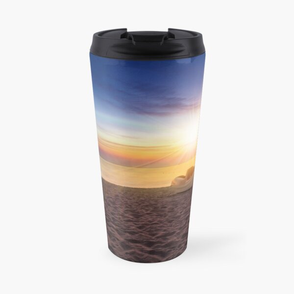 calm sunset at sea beach with boats Travel Mug
