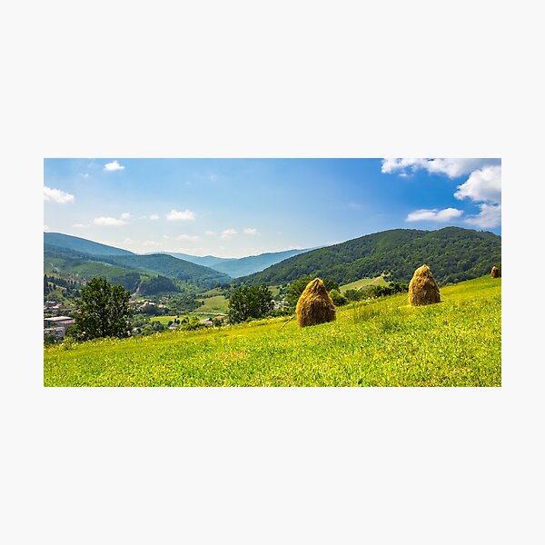 haystacks on hillside near the village Photographic Print