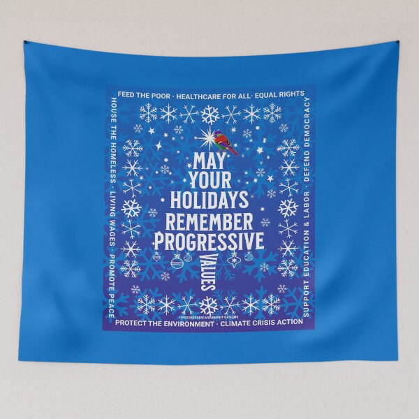 Item preview, PMD00168 Progressive Movement Designs Progressive Values Christmas Tree on blue w rainbow colored bird for progressives designed and sold by ProgressiveLeft.