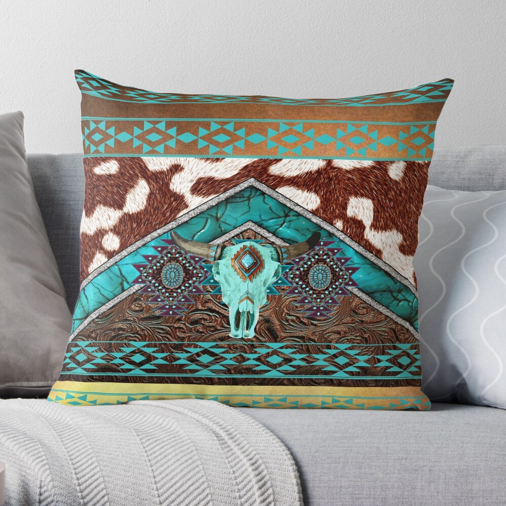 Turquoise, Cowhide, Tooled Leather With Cow Skull - Southwestern Style Throw  Pillow for Sale by handsoftime2020