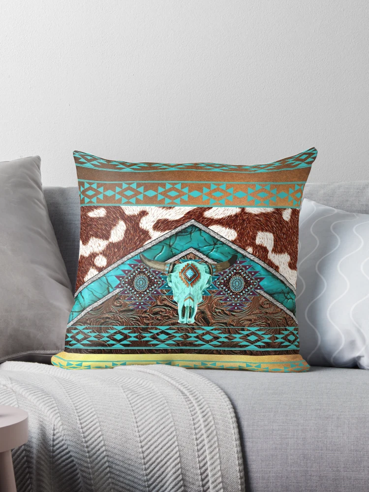 Rustic brown beige teal western country cowboy fashion | Throw Pillow