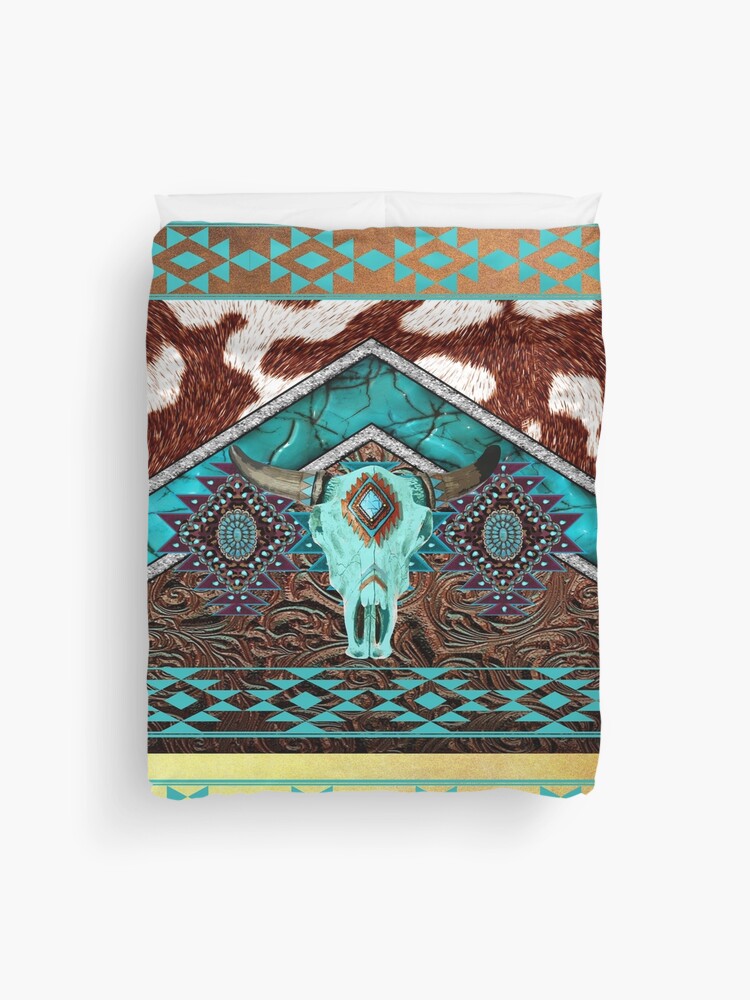 Turquoise, Cowhide, Tooled Leather With Cow Skull - Southwestern Style |  Throw Pillow