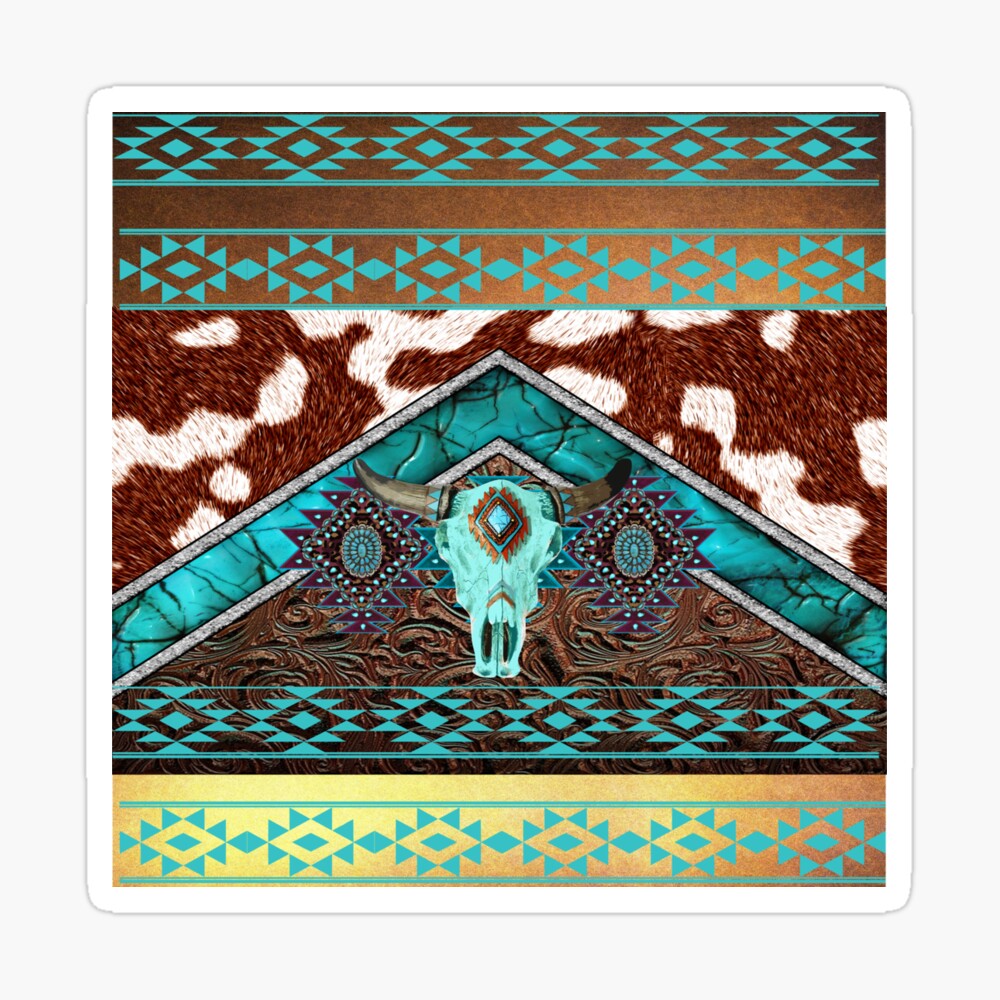 Turquoise, Cowhide, Tooled Leather With Cow Skull - Southwestern Style |  Throw Pillow