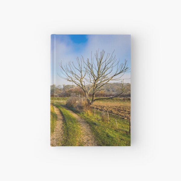 rural landscape with road through agricultural meadow in fog Hardcover Journal