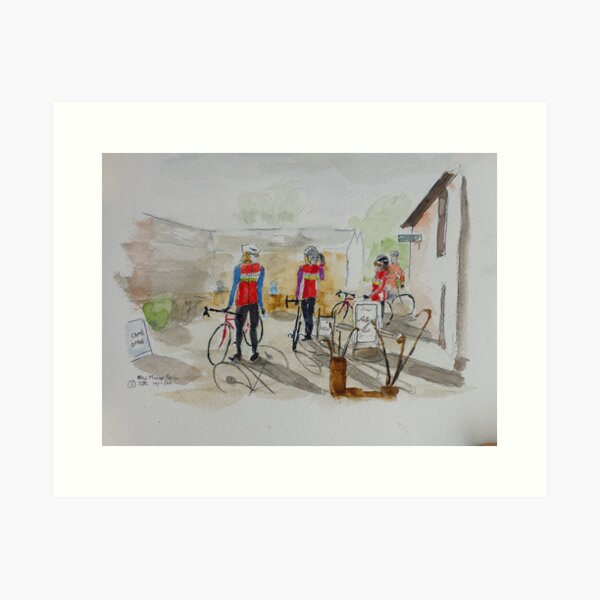 Three ladies with bikes on a bright winter's day Art Print