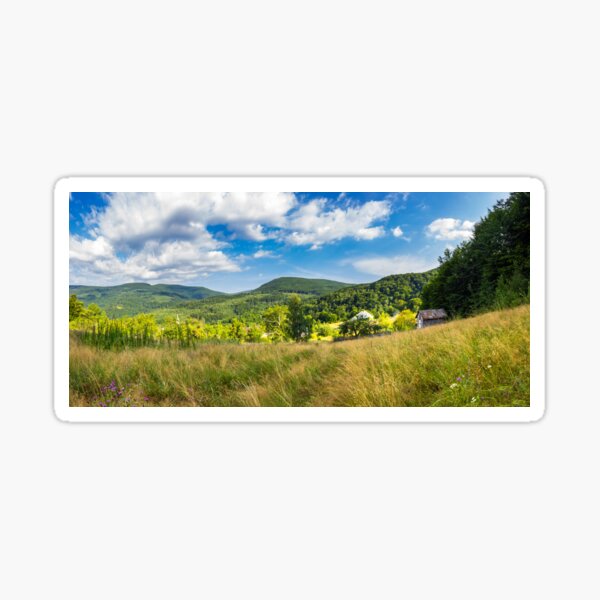 panorama of village and meadow on hillside near mountain forest  Sticker