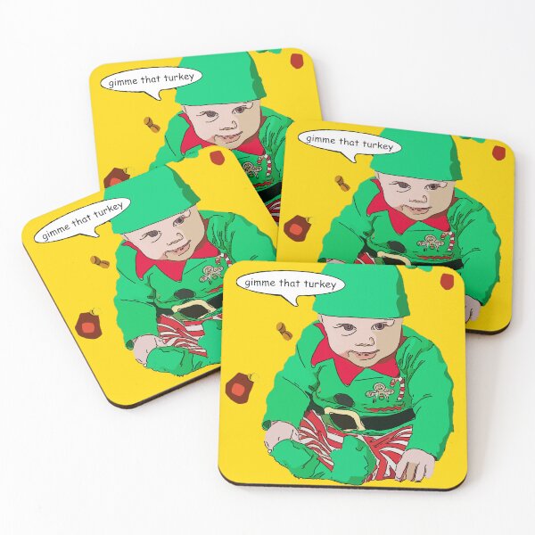 Item preview, Funny Christmas Art a Happy Baby in Red and Green Elf Suit Saying Gimme that Turkey designed and sold by MooriNjogu.
