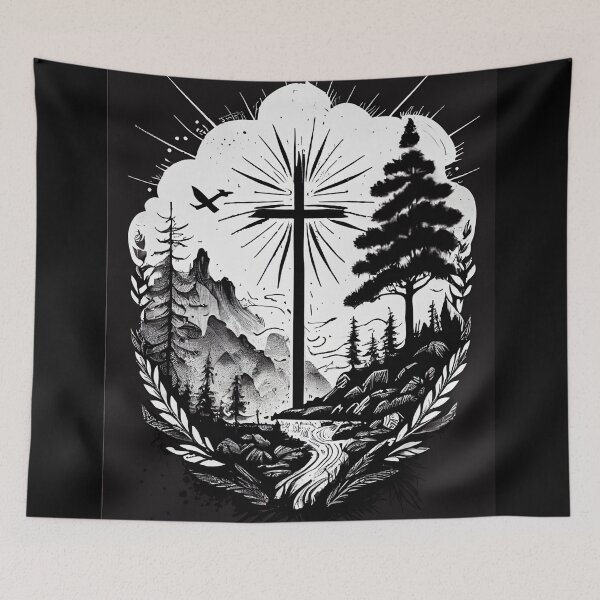 Item preview, The Tranquility of Belief: A Black and White Doodle of a Cross in Nature designed and sold by Art4Christ.
