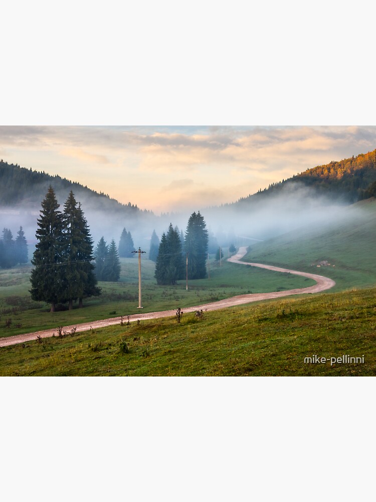 Thumbnail 3 of 3, Sticker, road near fir forest in foggy mountains at sunrise designed and sold by mike-pellinni.