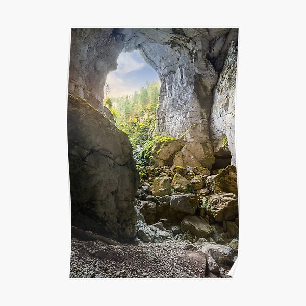 Cetatile cave sculpted by river in romanian mountains at sunrise Poster