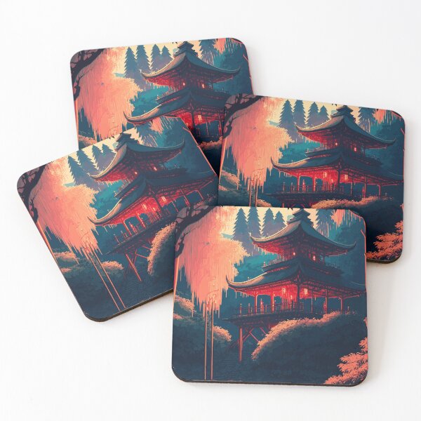 Item preview, Red temple of the East in autumn trees designed and sold by designmadeasy.