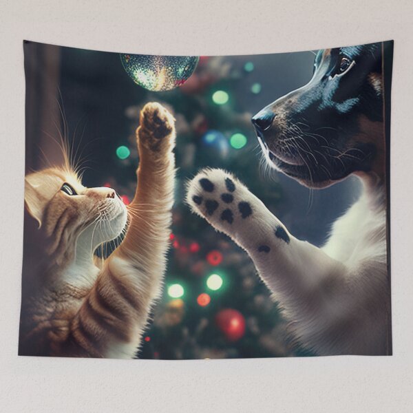 Item preview, Cat and dog playing with christmas ball designed and sold by RK - Shop.