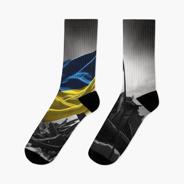 Item preview, Ukrainian flag standing firm among destroyed buildings designed and sold by RK - Shop.