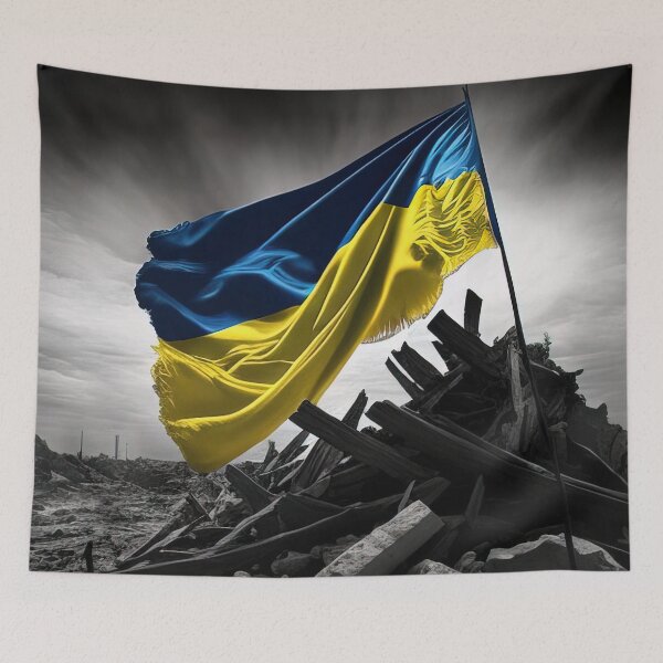 Item preview, Ukrainian flag standing firm among destroyed buildings designed and sold by RK - Shop.