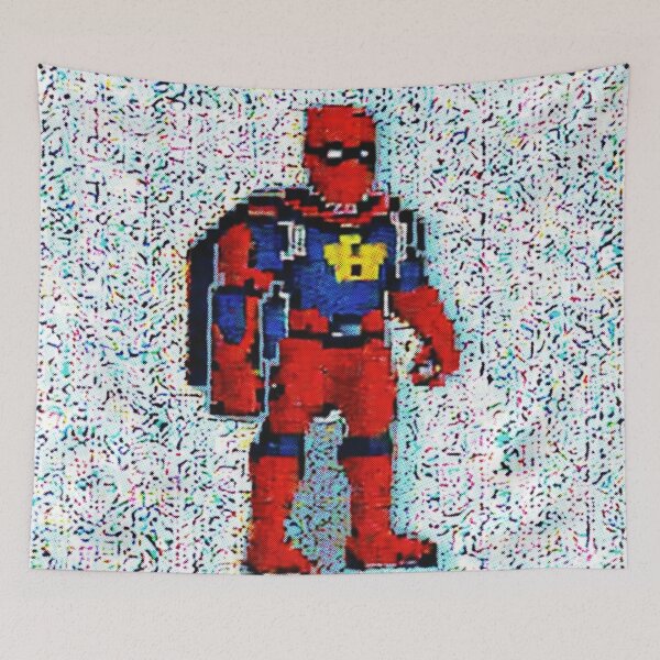 Item preview,  Highly pixelated public domain superhero, glitchy blue background  designed and sold by spinolator.