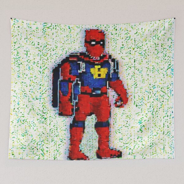 Item preview, Highly pixelated public domain superhero, glitchy green background  designed and sold by spinolator.