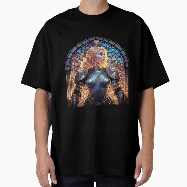 Item preview, woman knight in front of stained glass windows designed and sold by Yggdrazil.