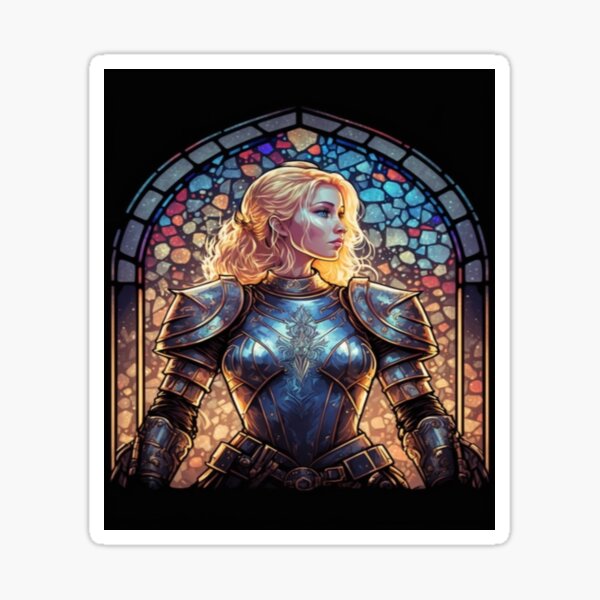woman knight in front of stained glass windows Sticker
