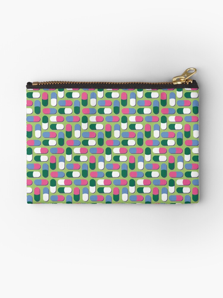 Thumbnail 1 of 4, Zipper Pouch, Pink, blue, dark green and white pills designed and sold by petitspixels.