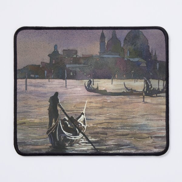 Item preview, Venice Italy gondolier and church of Santa Maria della Salute moonlit in medieval city of Venice, Italy. Watercolor painting designed and sold by rfoxphoto.