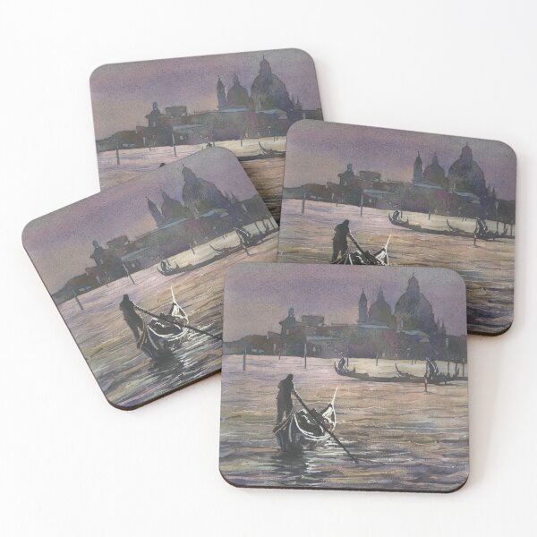 Item preview, Venice Italy gondolier and church of Santa Maria della Salute moonlit in medieval city of Venice, Italy.  Watercolor painting designed and sold by rfoxphoto.