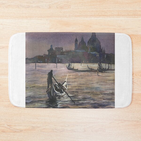Item preview, Venice Italy gondolier and church of Santa Maria della Salute moonlit in medieval city of Venice, Italy.  Watercolor painting designed and sold by rfoxphoto.