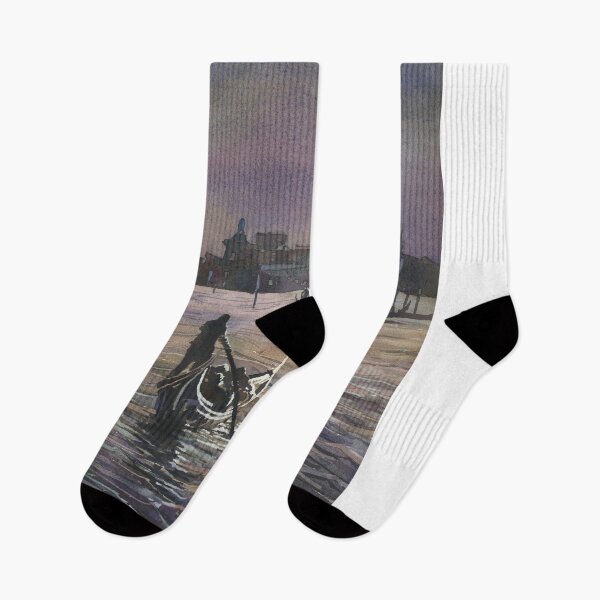 Item preview, Venice Italy gondolier and church of Santa Maria della Salute moonlit in medieval city of Venice, Italy.  Watercolor painting designed and sold by rfoxphoto.