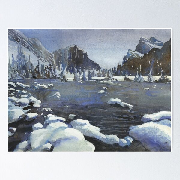 Item preview, Snowy mountain landscape art.  Watercolor painting snowy mountains designed and sold by rfoxphoto.