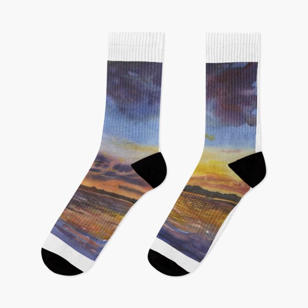 Item preview, Colorful sunset landscape over lake.  Watercolor painting sunset artwork  designed and sold by rfoxphoto.