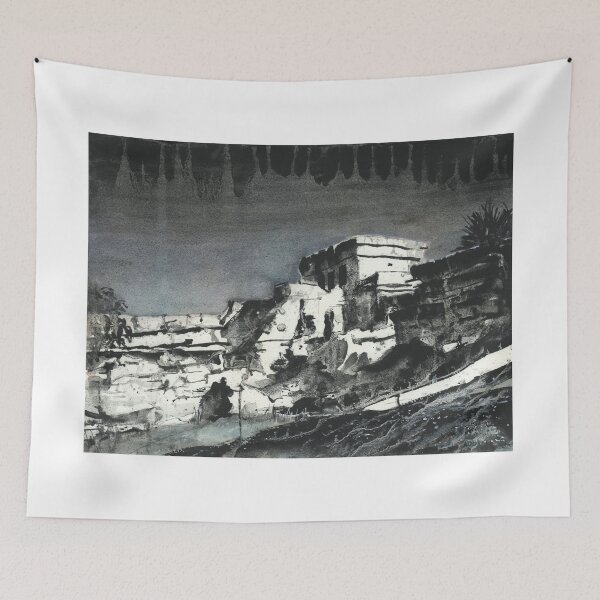 Item preview, Mayan ruins at beach of Tulum in Mexico.  Watercolor painting of Mayan ruins in Tulum in Yucatan Peninsula- Mexico designed and sold by rfoxphoto.