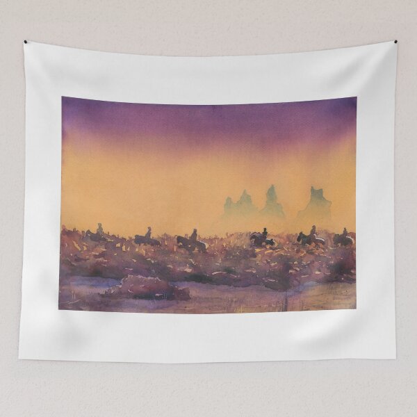 Item preview, Icelandic Coast Artwork.  Watercolor painting riders on horses and rocky coast of Iceland sunset designed and sold by rfoxphoto.