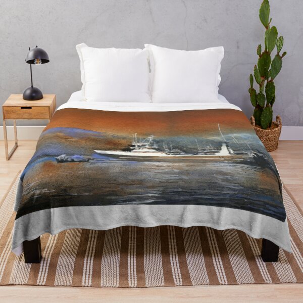 Item preview, Fishing boat Iceland artwork.  Fishing boat in Dalvik Iceland at sunset watercolor painting water orange blue decor designed and sold by rfoxphoto.