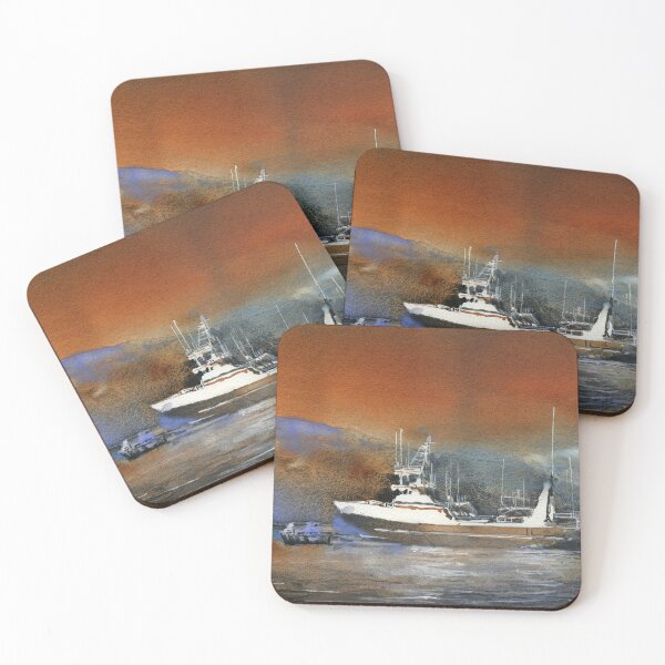 Item preview, Fishing boat Iceland artwork.  Fishing boat in Dalvik Iceland at sunset watercolor painting water orange blue decor designed and sold by rfoxphoto.
