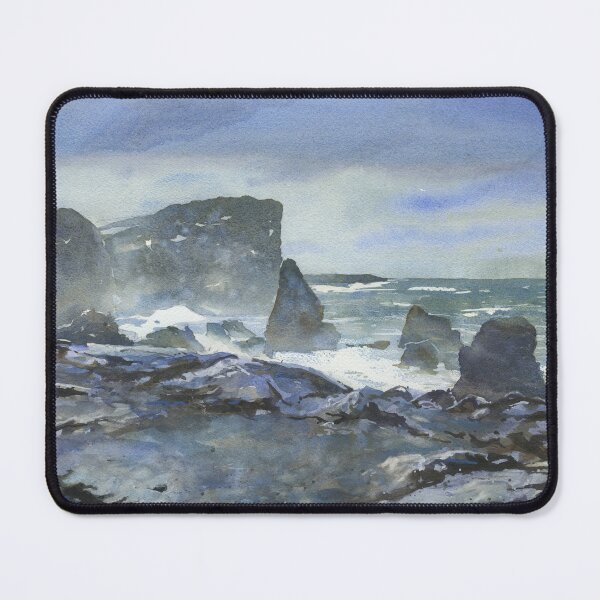 Item preview, Reykjanestá Peninsula in Iceland.  Watercolor painting rocky coastline Iceland blue watercolor  artwork. designed and sold by rfoxphoto.