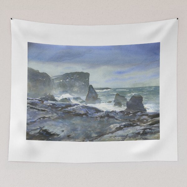 Item preview, Reykjanestá Peninsula in Iceland.  Watercolor painting rocky coastline Iceland blue watercolor  artwork. designed and sold by rfoxphoto.