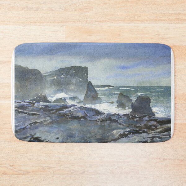 Item preview, Reykjanestá Peninsula in Iceland.  Watercolor painting rocky coastline Iceland blue watercolor  artwork. designed and sold by rfoxphoto.