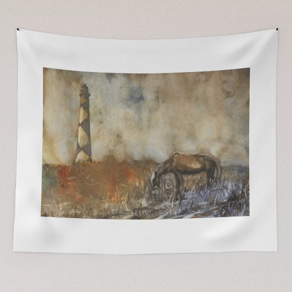 Item preview, Cape Lookout lighthouse and grazing horse in the Outer Banks, North Carolina.  OBX artwork coastal painting beach house artwork designed and sold by rfoxphoto.