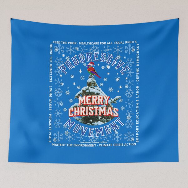Artikelvorschau, PMD00171 Progressive Movement Designs Weihnachtsbaum Frohe Weihnachten auf blauem w regenbogenfarbenem Vogel für Progressive entworfen und verkauft von ProgressiveLeft.
