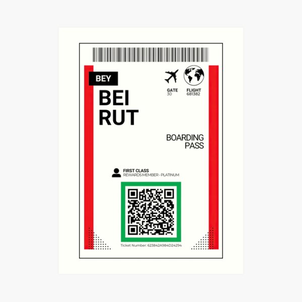 "BEY, Beirut, Lebanon Flight Boarding Pass Travel Ticket" Art Print