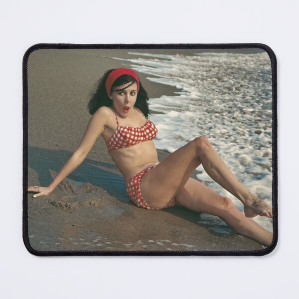 Item preview, Surprised pinup model, Miami beach, red and white polka dot bikini,1960's Florida designed and sold by Lowtech.